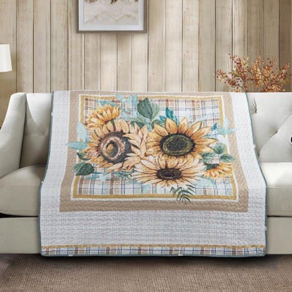 Sunflower Quilted Printed Reversible Throw Blanket Farmhouse Cottagecore Country